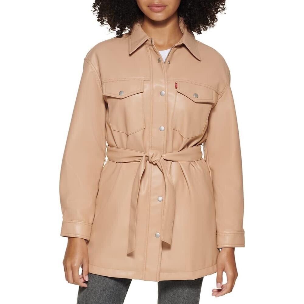 Levi's Faux Leather Belted Jacket Biscotti Beige Women Size XL NWT